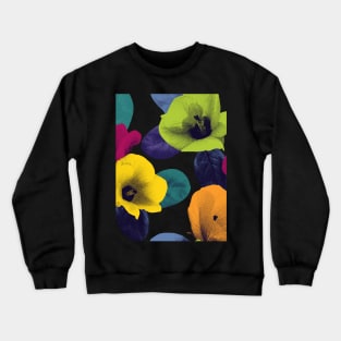 Vibrant exotic flowers and leaves textural print. Colorful vibrant Hibiscus flowers on dark background. Vibrant summer tropical composition Crewneck Sweatshirt